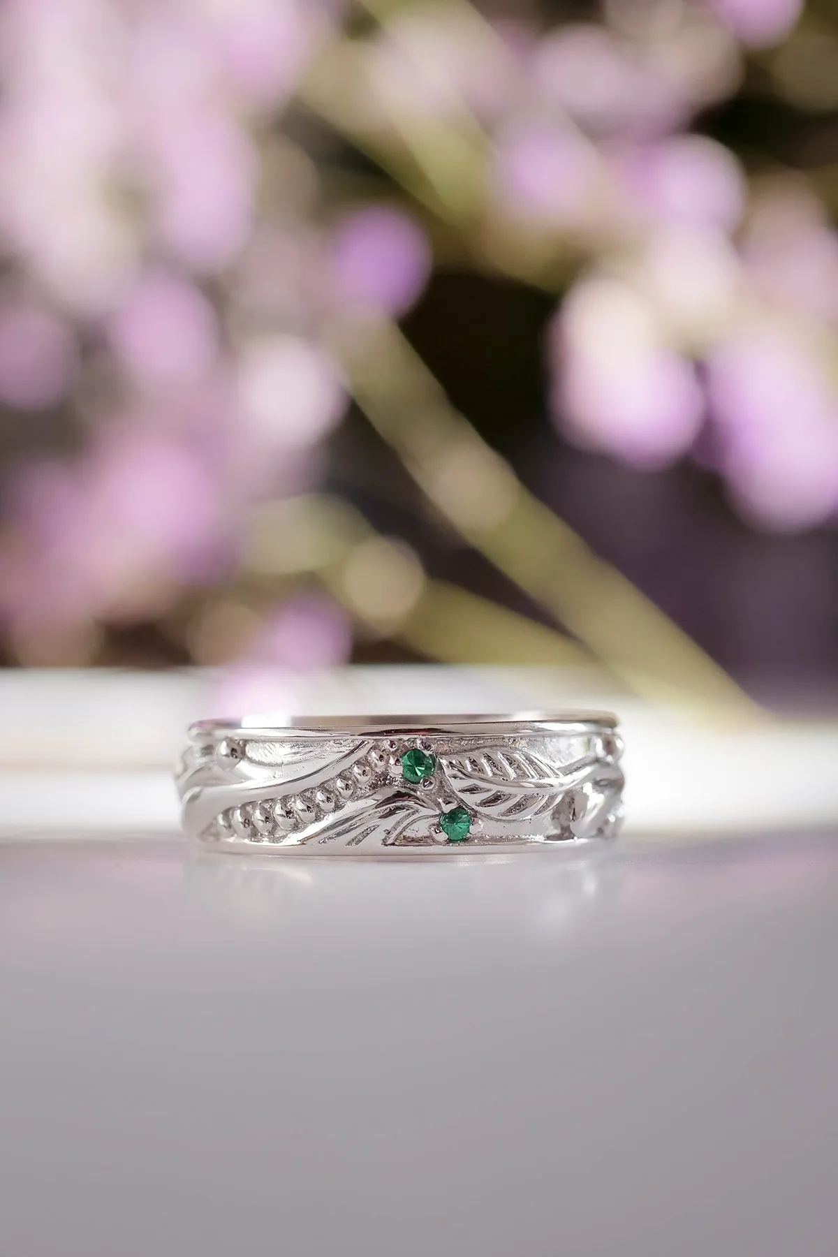 Wedding rings set for couples: white gold emerald band for him, chevron ring for her/ Callisto