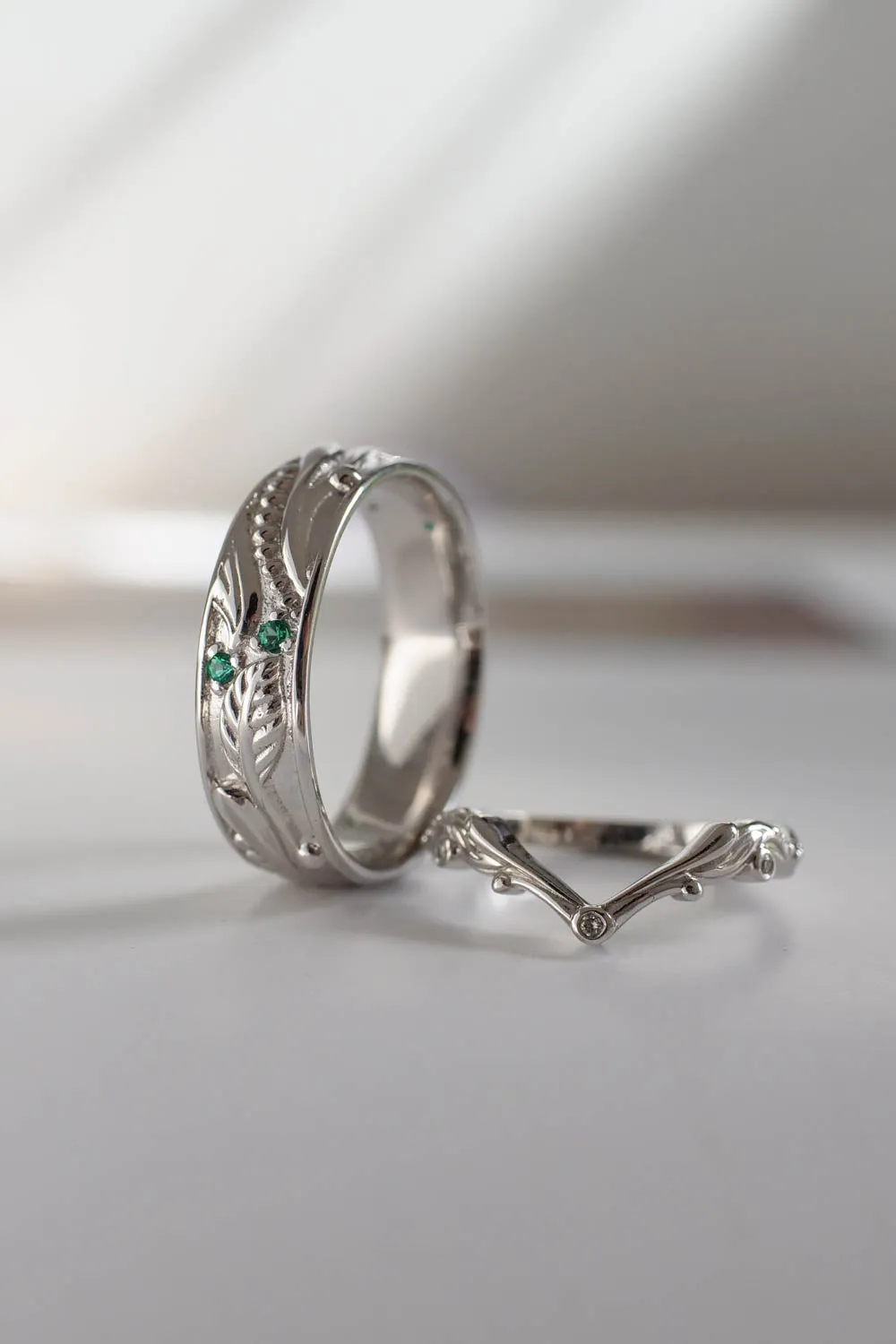 Wedding rings set for couples: white gold emerald band for him, chevron ring for her/ Callisto