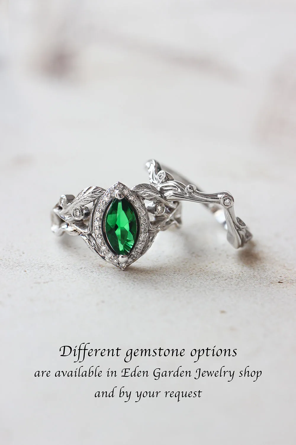 Wedding rings set for couples: white gold emerald band for him, chevron ring for her/ Callisto