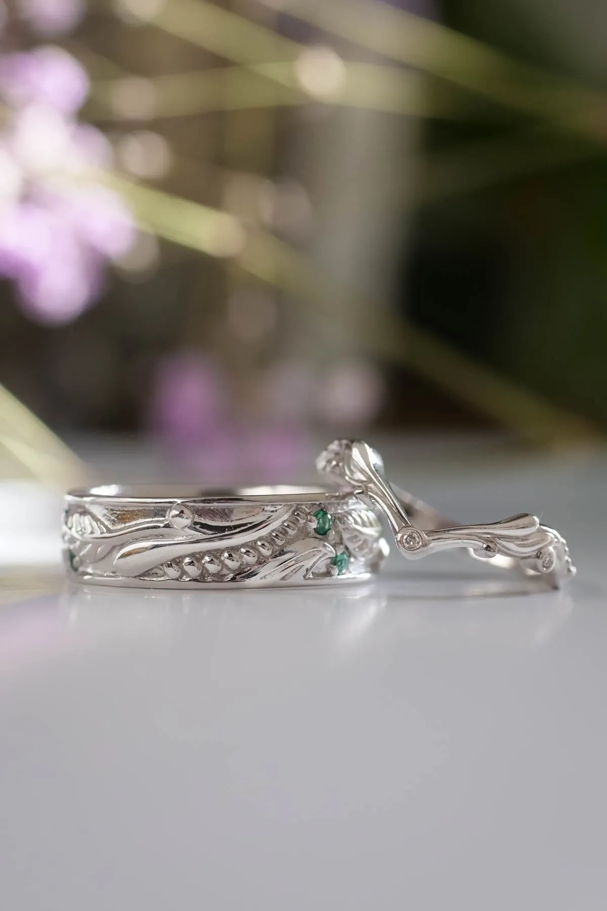 Wedding rings set for couples: white gold emerald band for him, chevron ring for her/ Callisto