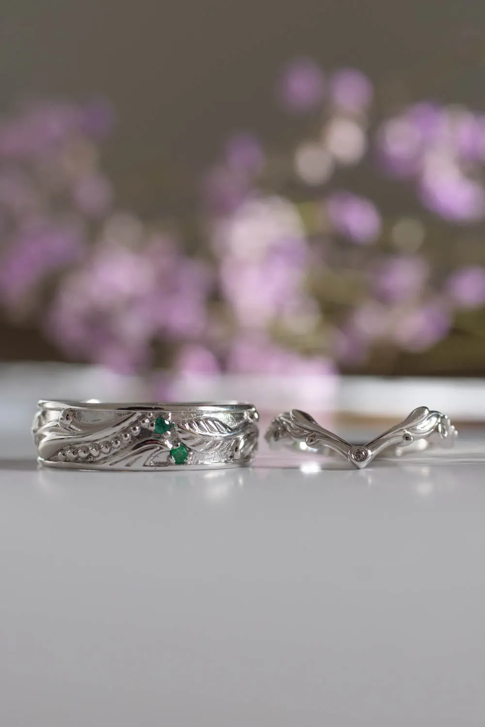 Wedding rings set for couples: white gold emerald band for him, chevron ring for her/ Callisto