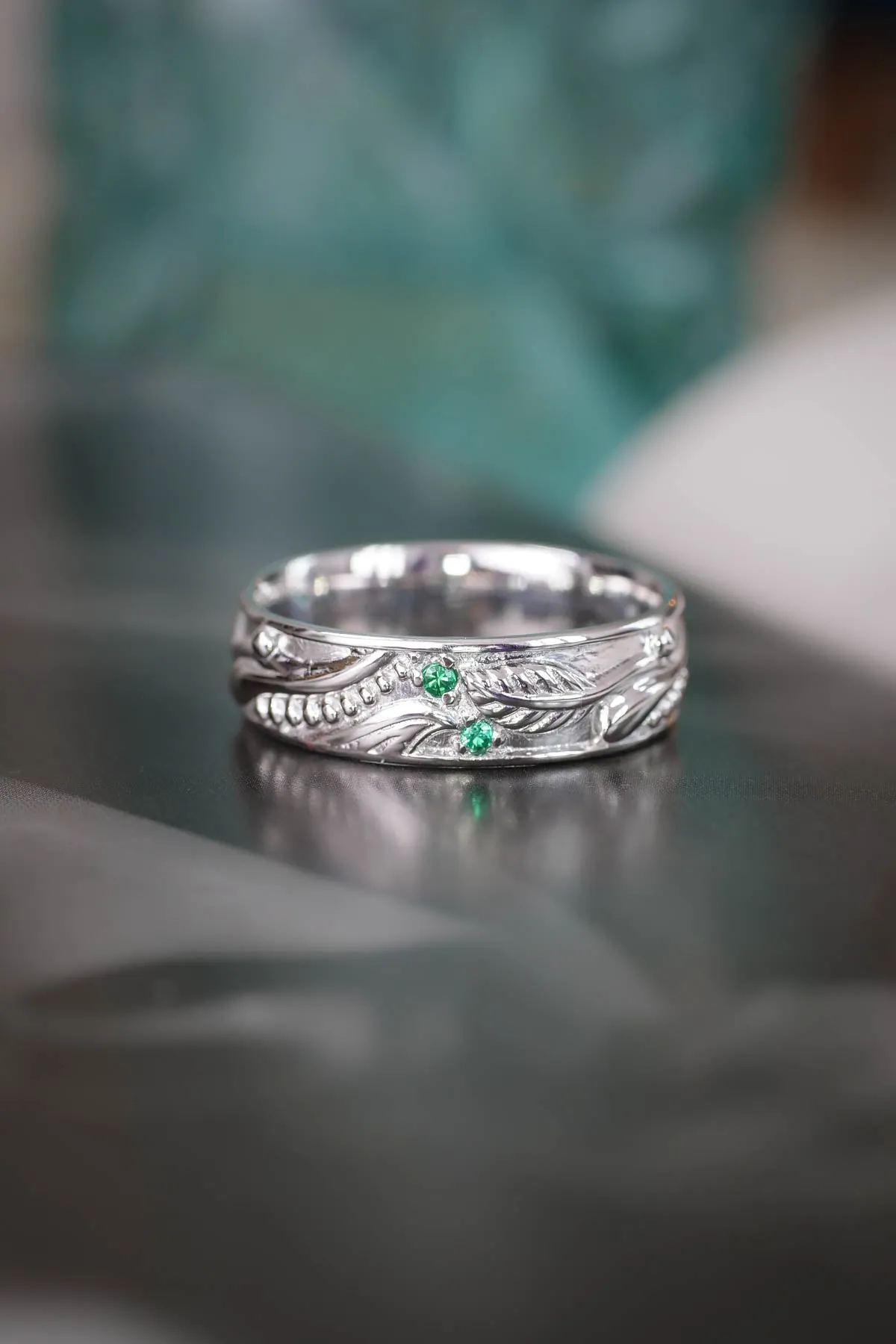 Wedding rings set for couples: white gold emerald band for him, chevron ring for her/ Callisto