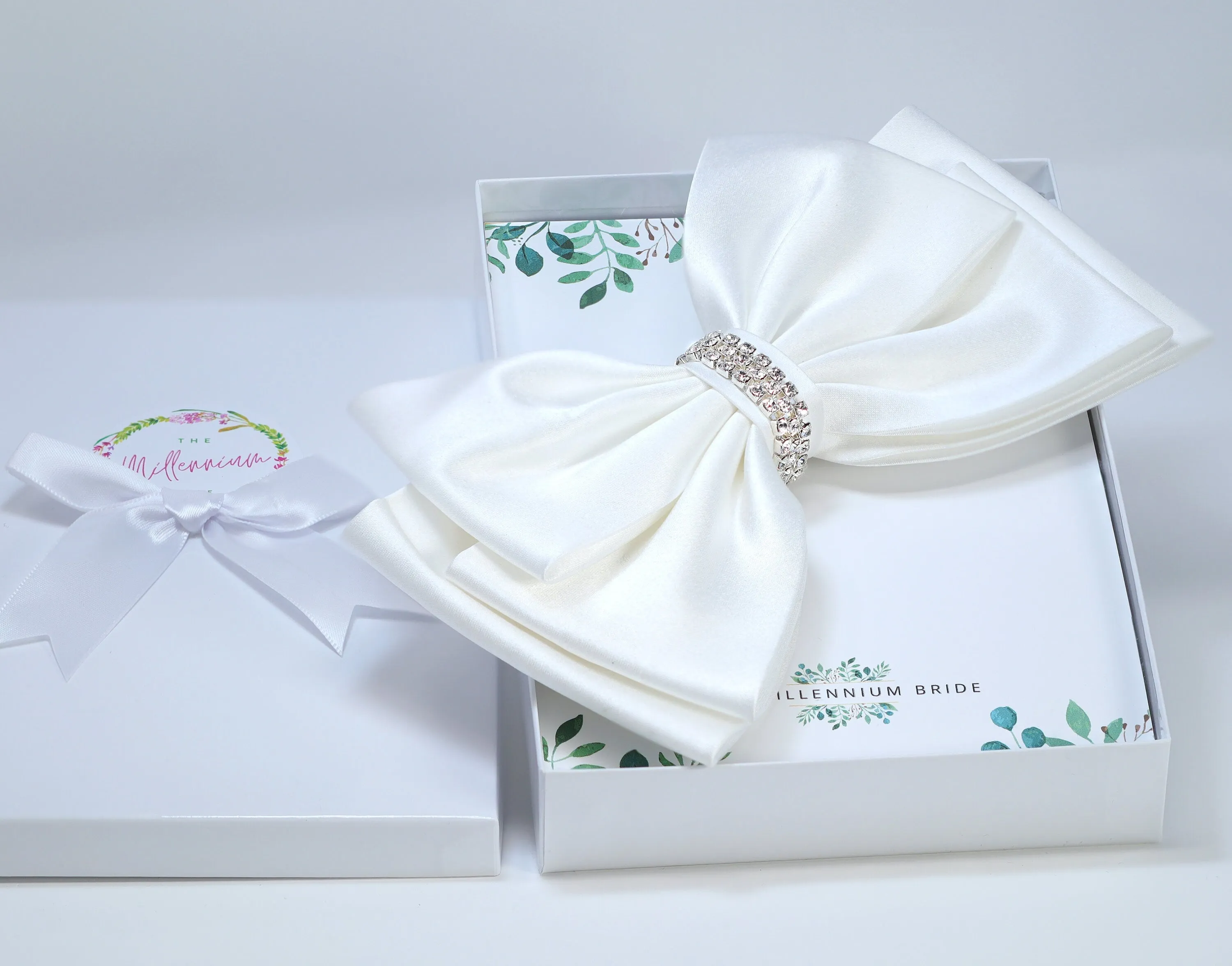 White Satin Bow With Crystals Bridal Hair Clip, Bridesmaid Gift, Wedding Hair Accessory, Large Hair Clip.