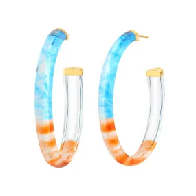 XL Oval Tie Dye Lucite Hoop Earrings in Blue & Orange