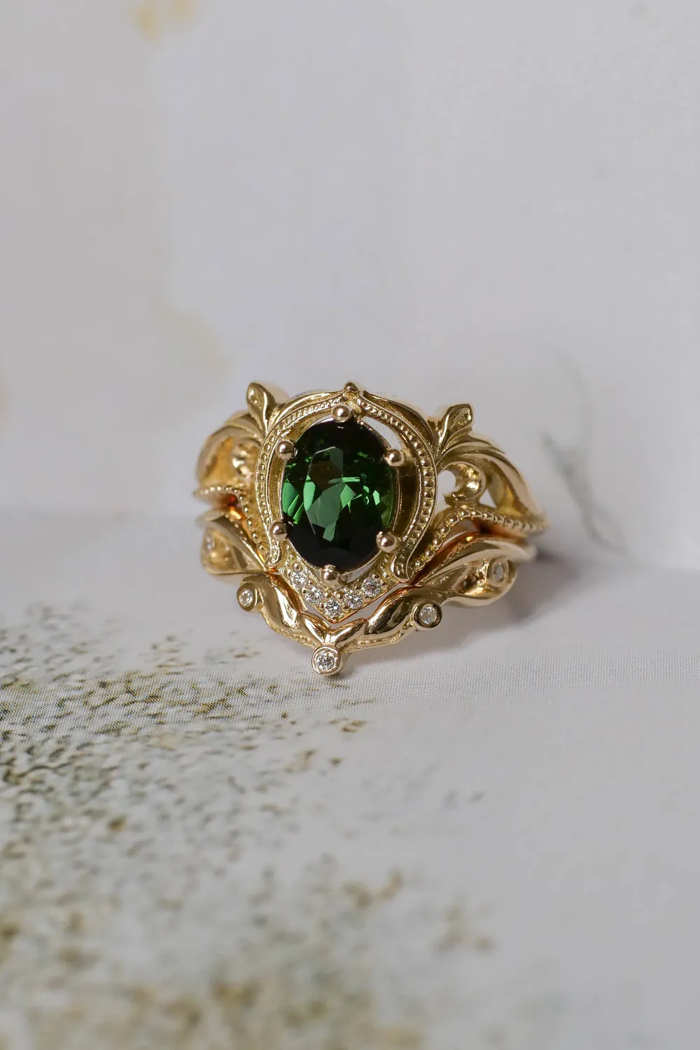 Yellow gold oval engagement ring, green tourmaline / Lida