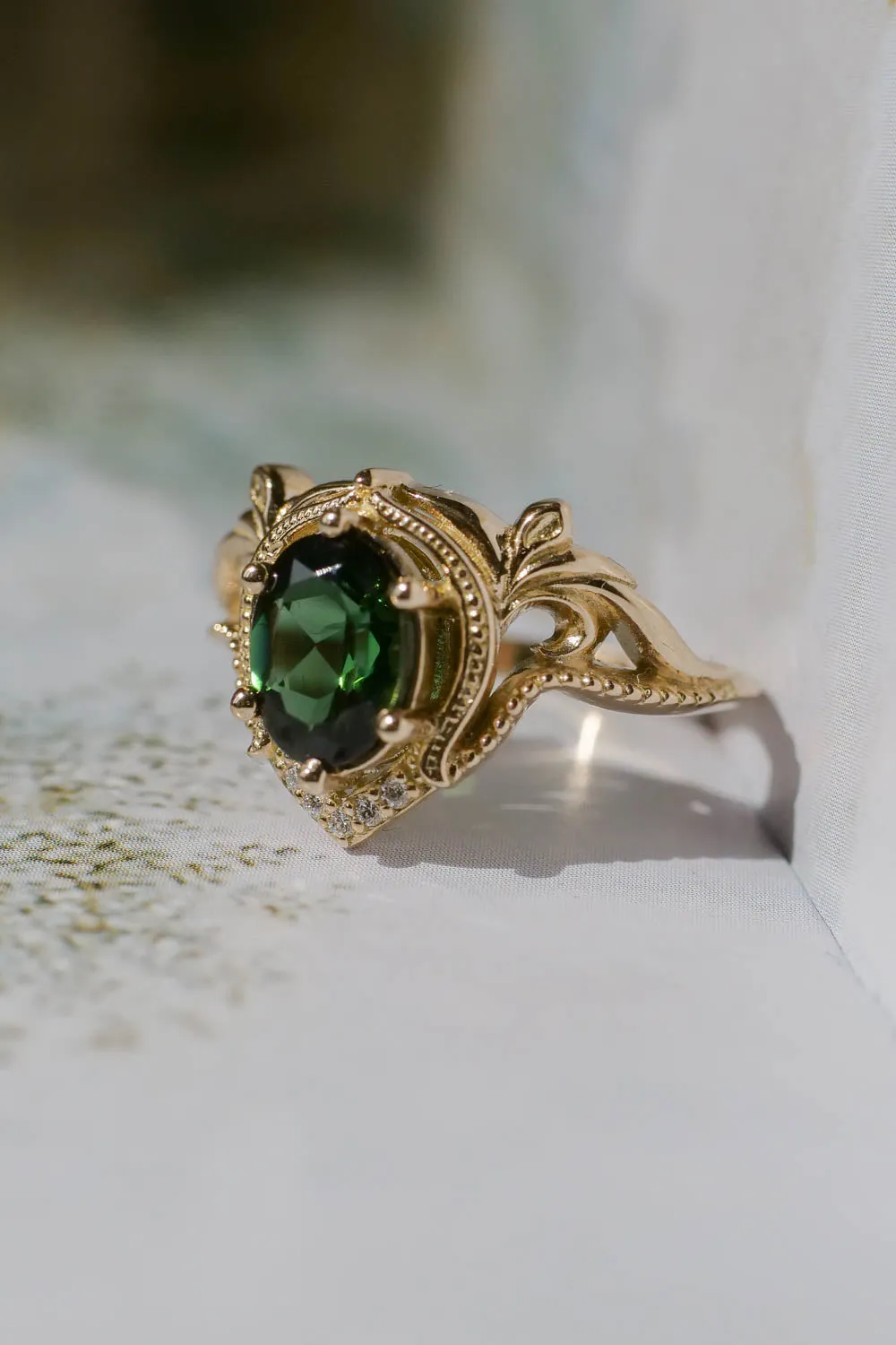 Yellow gold oval engagement ring, green tourmaline / Lida