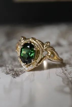 Yellow gold oval engagement ring, green tourmaline / Lida