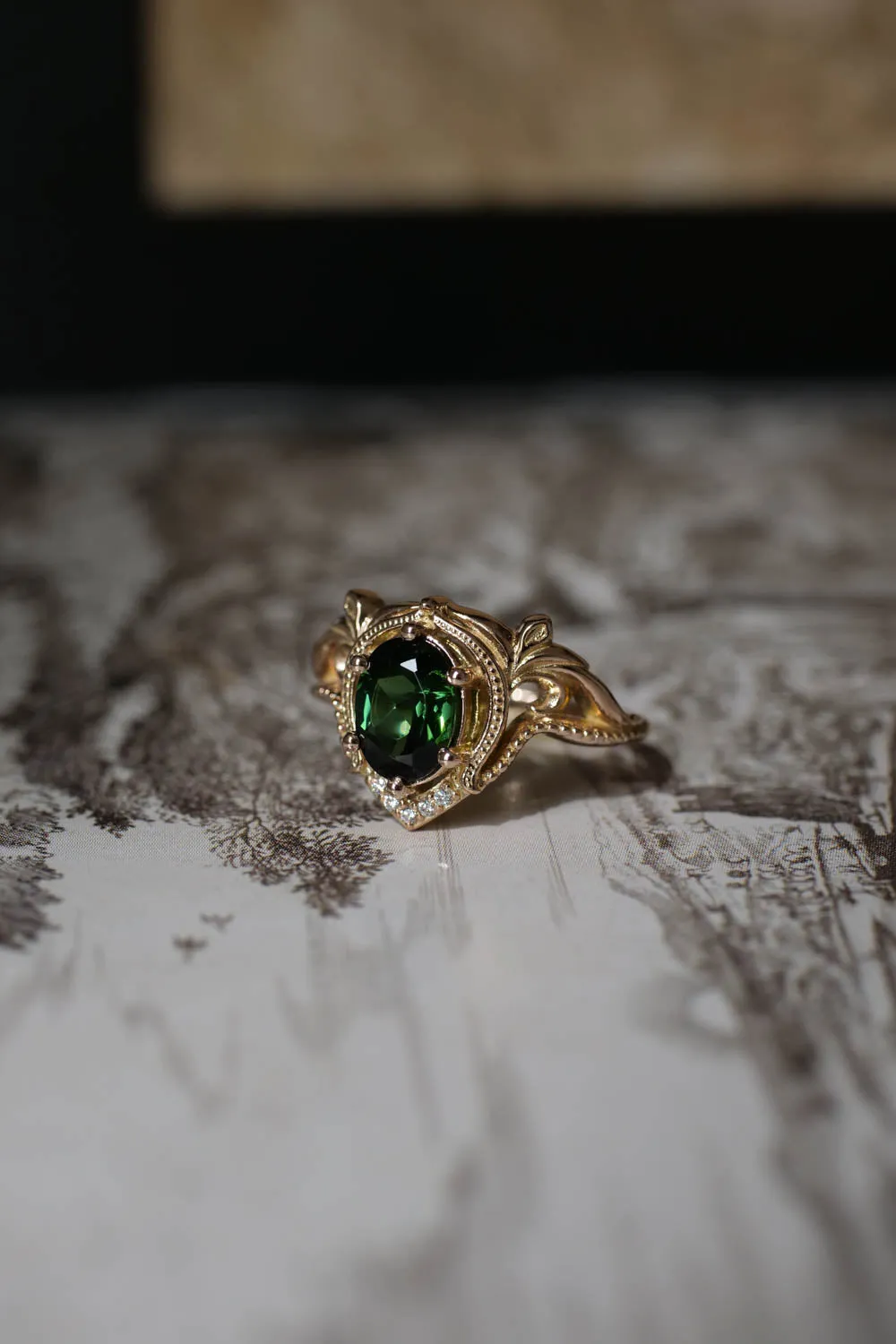 Yellow gold oval engagement ring, green tourmaline / Lida