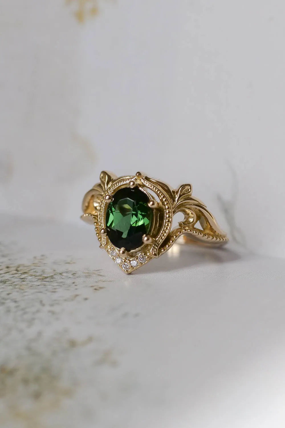 Yellow gold oval engagement ring, green tourmaline / Lida