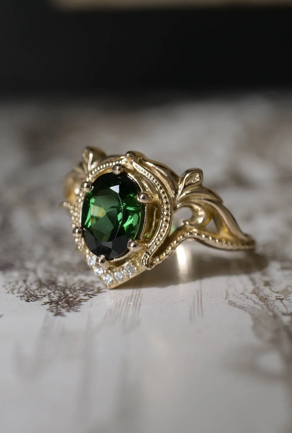 Yellow gold oval engagement ring, green tourmaline / Lida