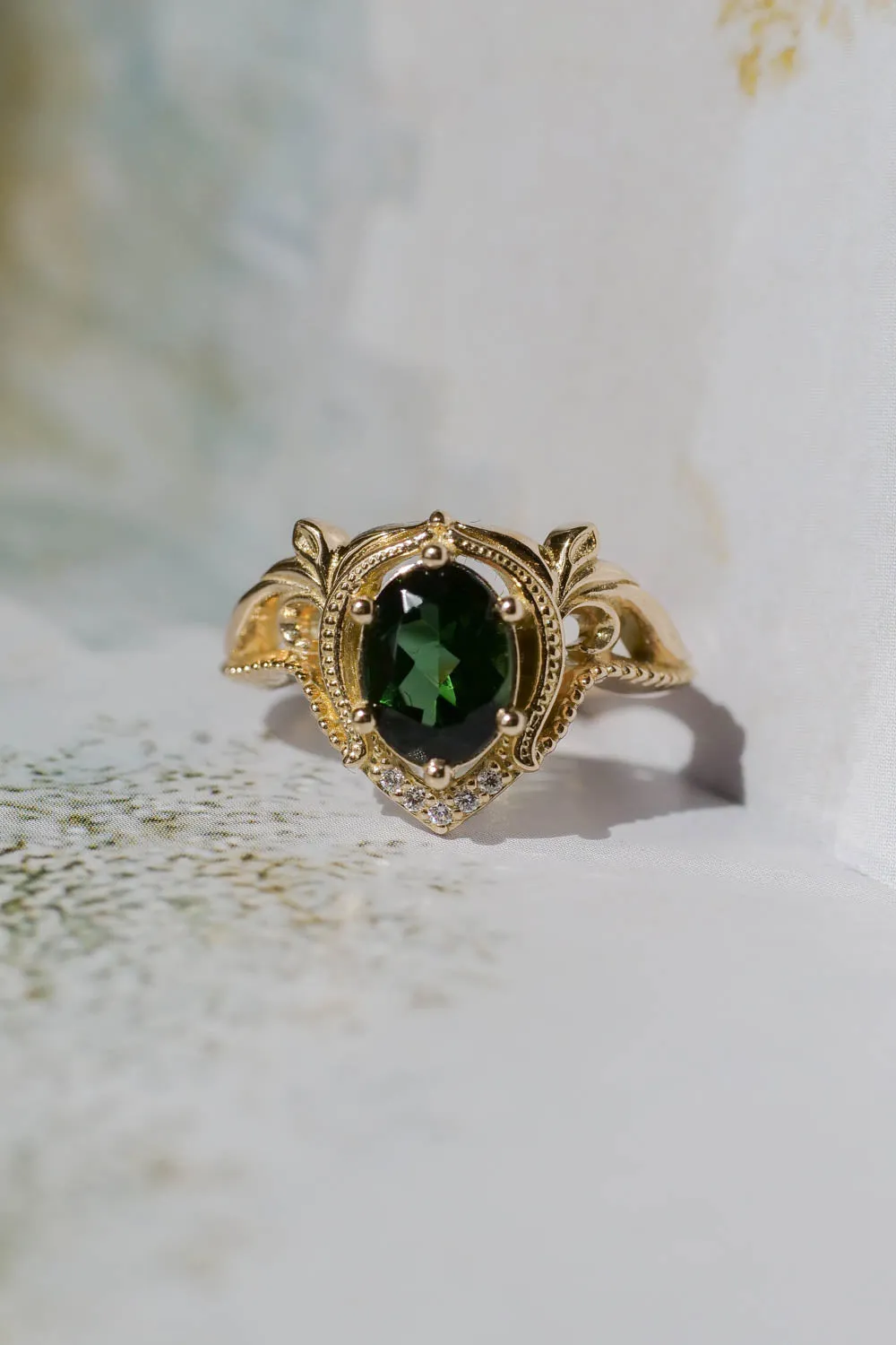 Yellow gold oval engagement ring, green tourmaline / Lida